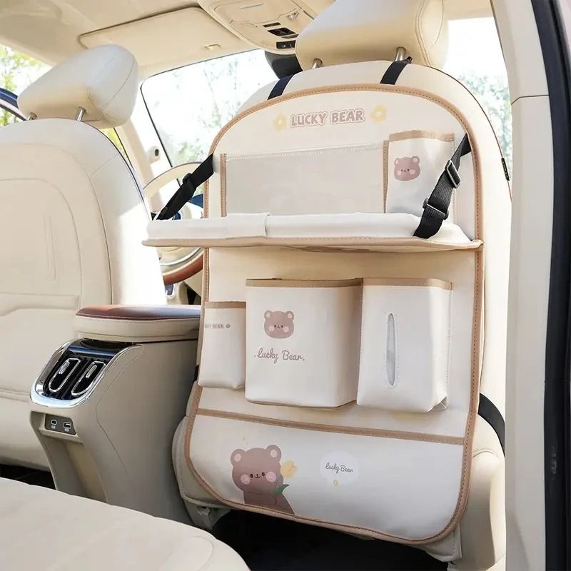 Leather Car Seat Back Organizer With Foldable Table And MultiFunction Storage 8