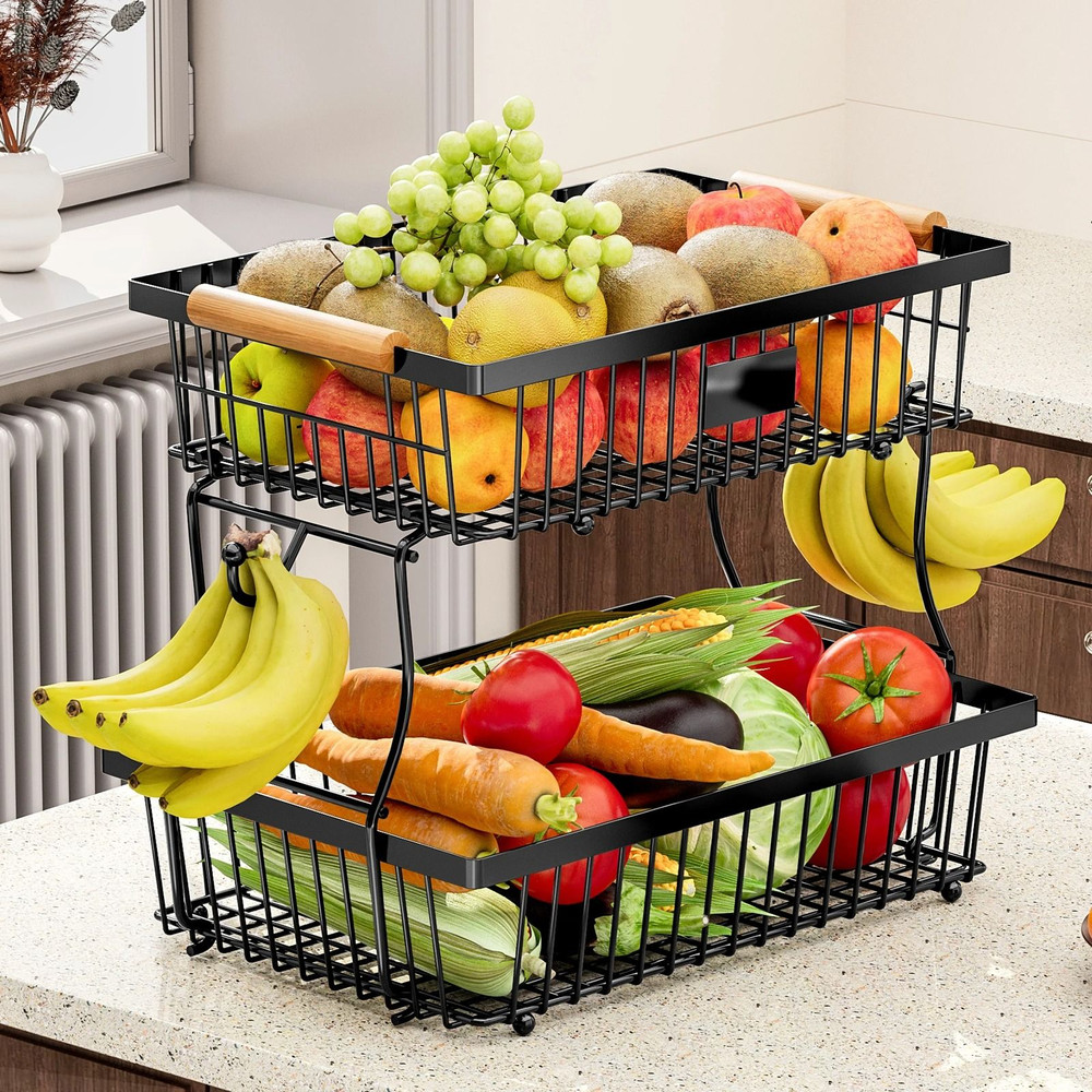 Metal Storage Basket With Wooden Handle And Hooks 0