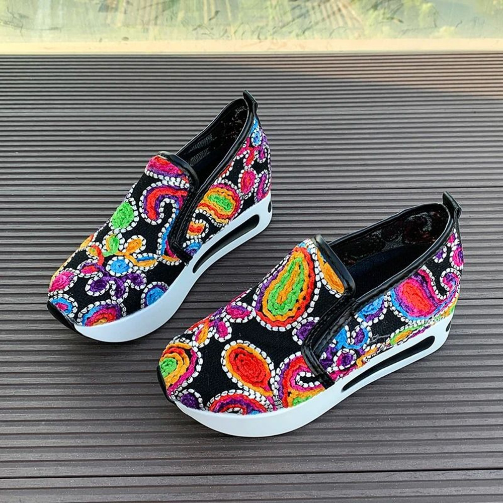 Womens Wedge Sneakers With Floral Embroidery Mesh Design Height Increasing Platform Shoes For Sprin 6
