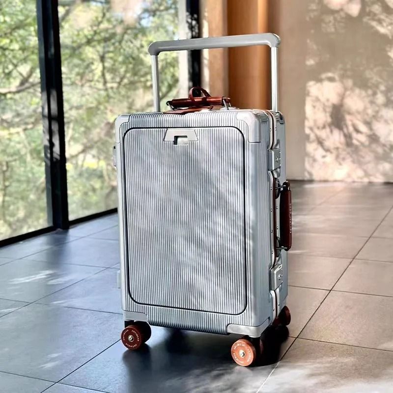 Front Opening Pocket Rolling Luggage With Aluminum Frame Wide Handle Silent Wheels USB Charging And 10