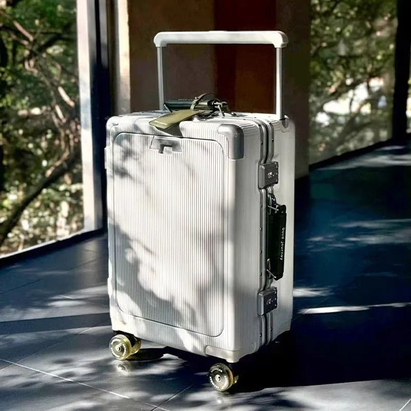 Front Opening Pocket Rolling Luggage With Aluminum Frame Wide Handle Silent Wheels USB Charging And 13