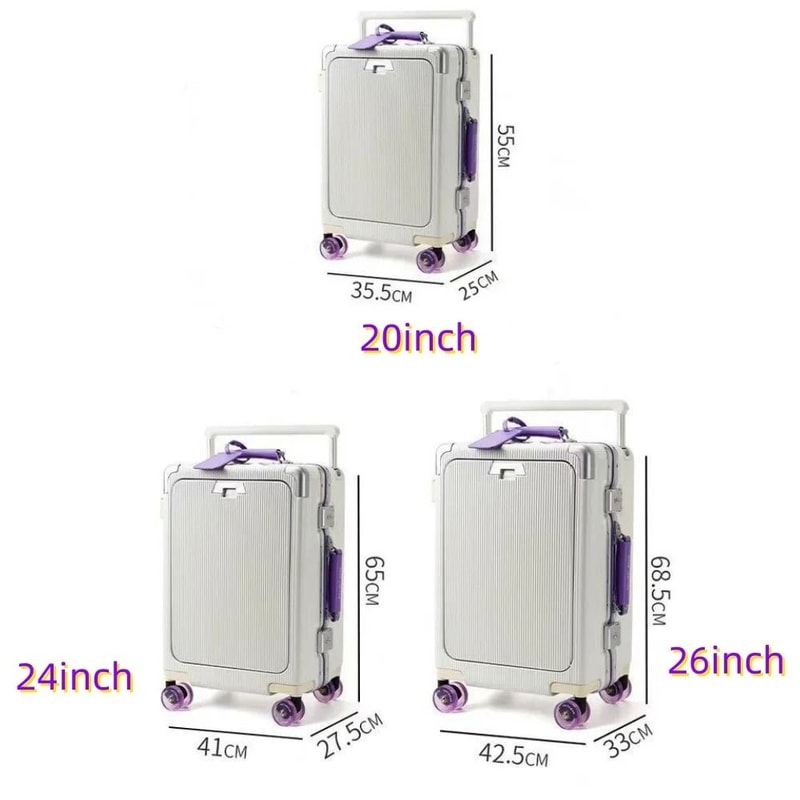 Front Opening Pocket Rolling Luggage With Aluminum Frame Wide Handle Silent Wheels USB Charging And 6