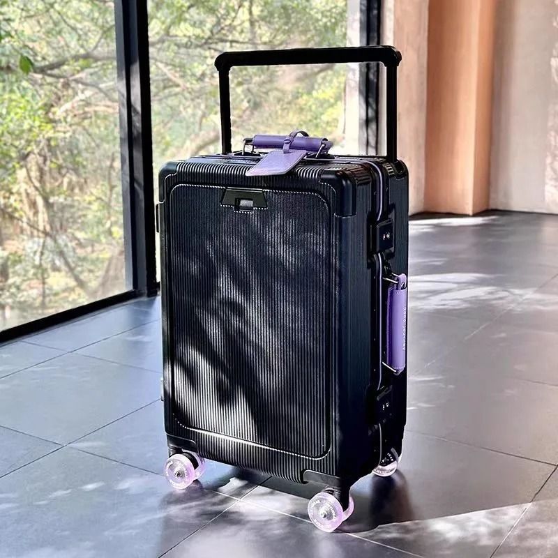 Front Opening Pocket Rolling Luggage With Aluminum Frame Wide Handle Silent Wheels USB Charging And 8