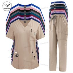 multicolor medical scrubs set with short sleeve top and pants for women