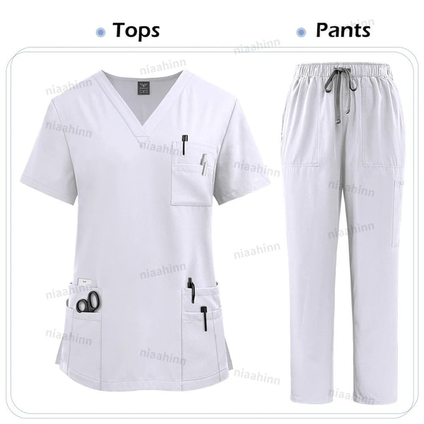 Multicolor Medical Scrubs Set With Short Sleeve Top And Pants For Women 9