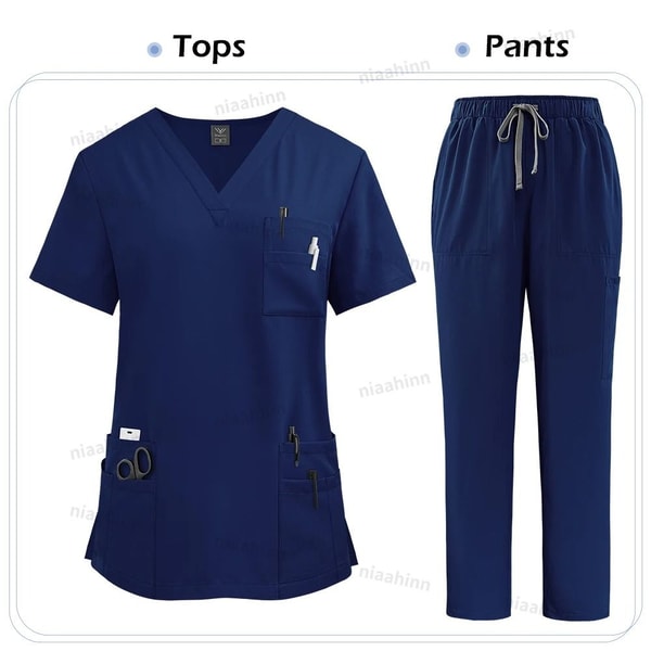 Multicolor Medical Scrubs Set With Short Sleeve Top And Pants For Women 10