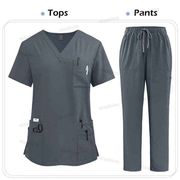 Multicolor Medical Scrubs Set With Short Sleeve Top And Pants For Women 12