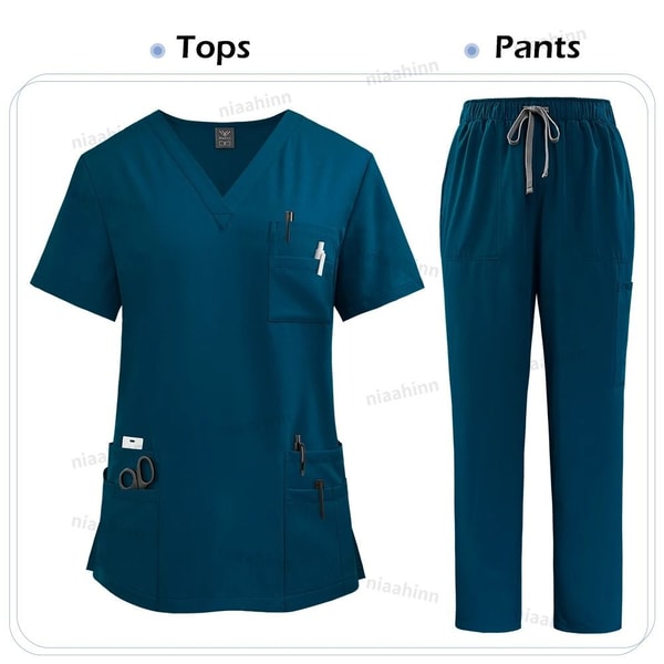 Multicolor Medical Scrubs Set With Short Sleeve Top And Pants For Women 13