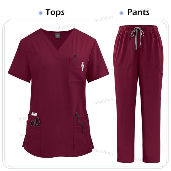 Multicolor Medical Scrubs Set With Short Sleeve Top And Pants For Women 14