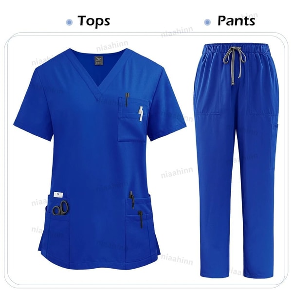 Multicolor Medical Scrubs Set With Short Sleeve Top And Pants For Women 15