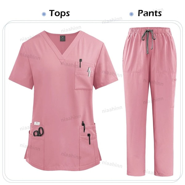 Multicolor Medical Scrubs Set With Short Sleeve Top And Pants For Women 6