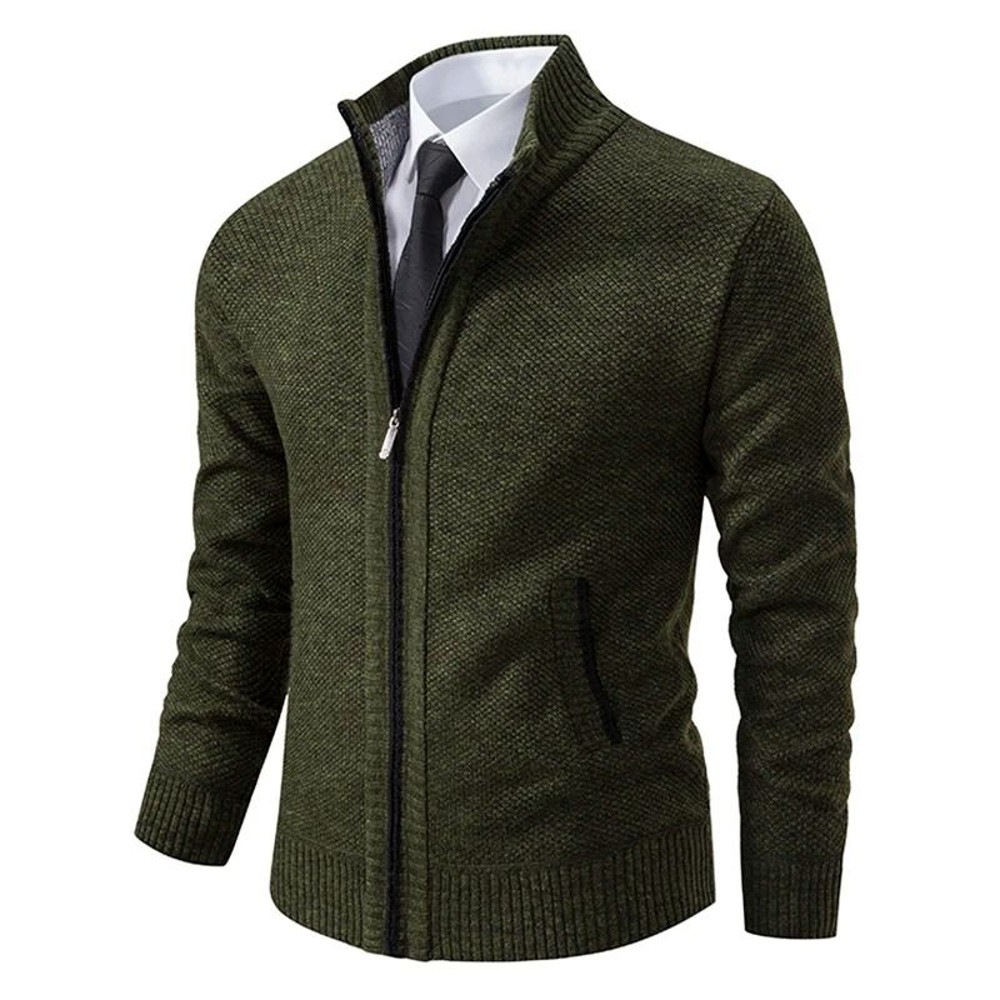 Men Autumn Winter Casual Stand Collar Fleece Warm Zipper Cardigan 3
