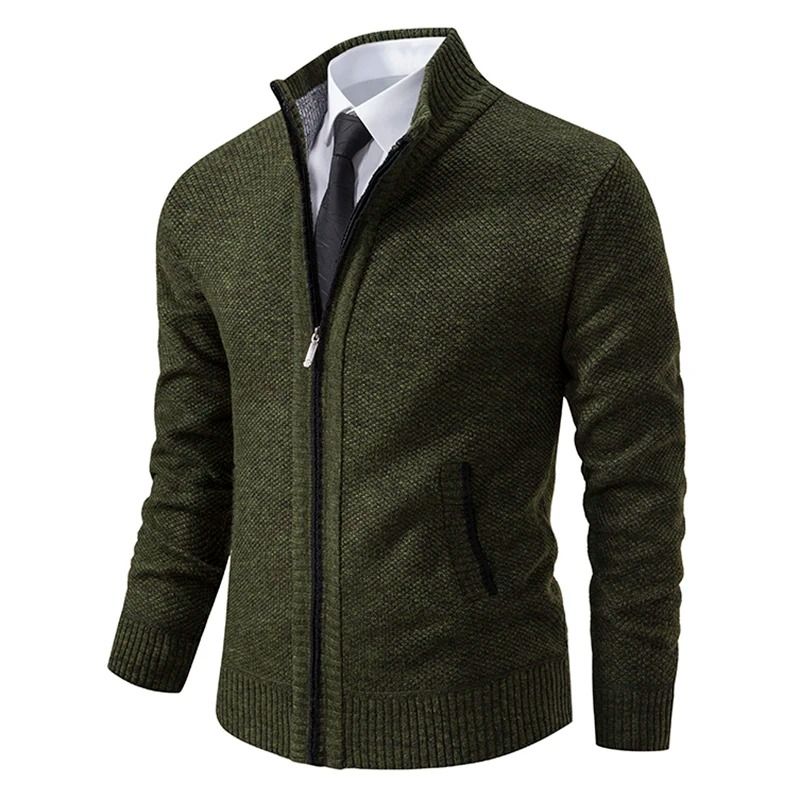 Men Autumn Winter Casual Stand Collar Fleece Warm Zipper Cardigan 3