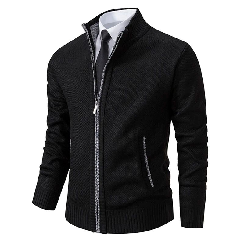 Men Autumn Winter Casual Stand Collar Fleece Warm Zipper Cardigan 4