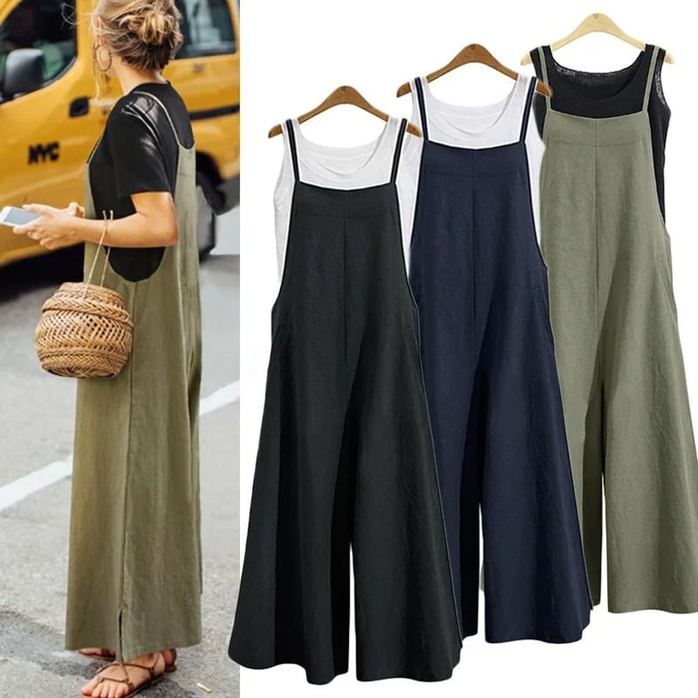 Womens Cotton Linen Wide Leg Jumpsuit Casual Sleeveless Summer Overalls With Adjustable Straps 0