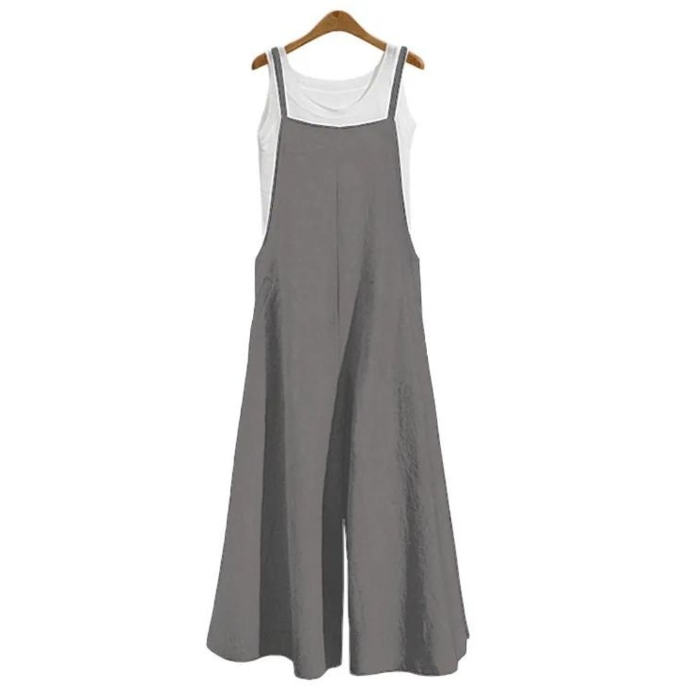 Womens Cotton Linen Wide Leg Jumpsuit Casual Sleeveless Summer Overalls With Adjustable Straps 9