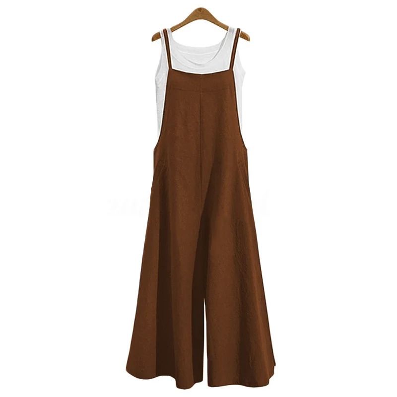 Womens Cotton Linen Wide Leg Jumpsuit Casual Sleeveless Summer Overalls With Adjustable Straps 10