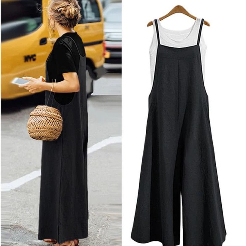 Womens Cotton Linen Wide Leg Jumpsuit Casual Sleeveless Summer Overalls With Adjustable Straps 1