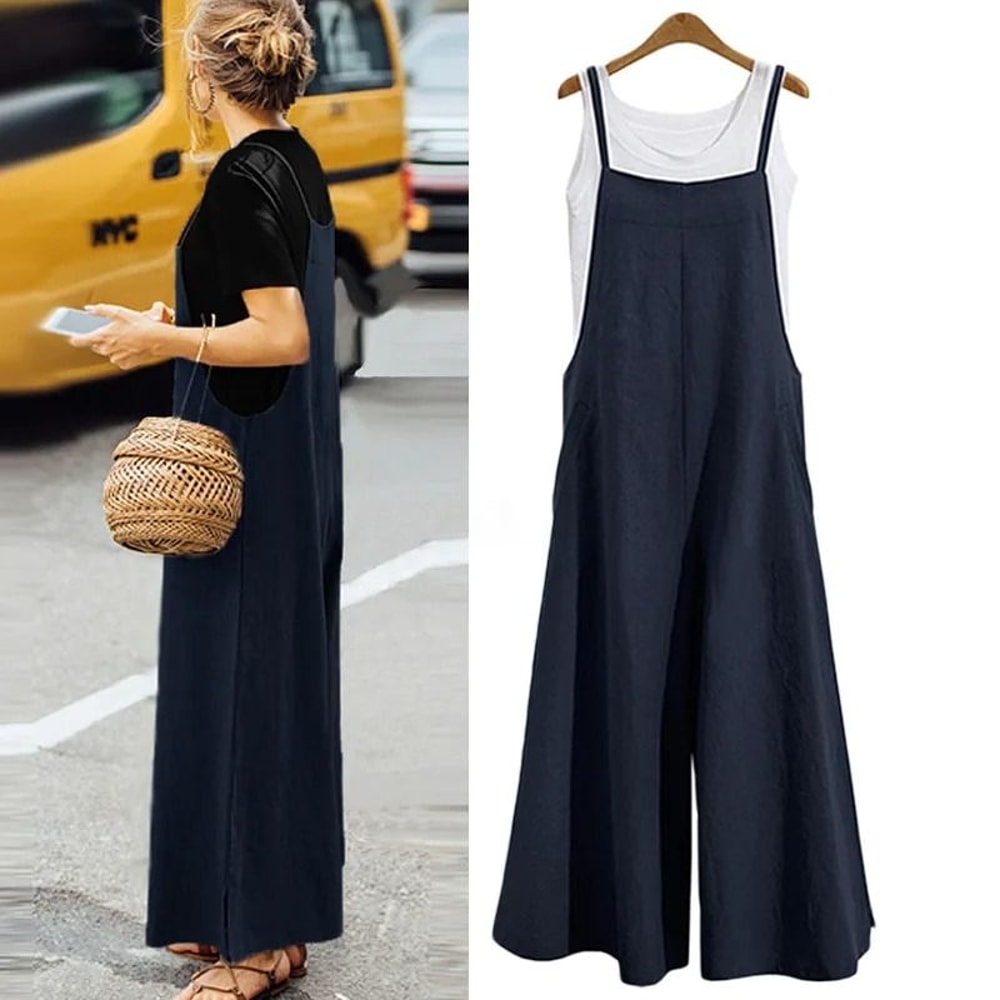 Womens Cotton Linen Wide Leg Jumpsuit Casual Sleeveless Summer Overalls With Adjustable Straps 2