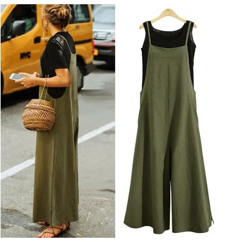 Womens Cotton Linen Wide Leg Jumpsuit Casual Sleeveless Summer Overalls With Adjustable Straps 6