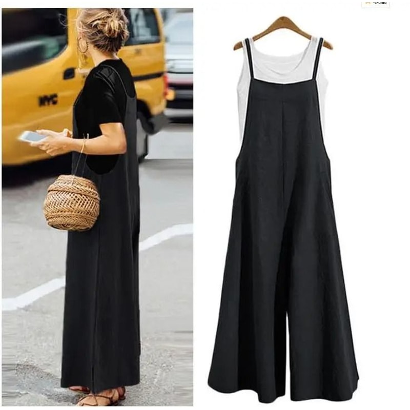 Womens Cotton Linen Wide Leg Jumpsuit Casual Sleeveless Summer Overalls With Adjustable Straps 7