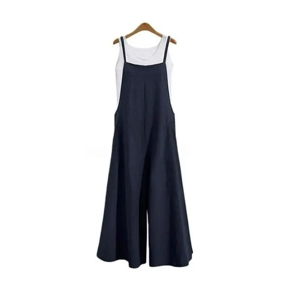 Womens Cotton Linen Wide Leg Jumpsuit Casual Sleeveless Summer Overalls With Adjustable Straps 8