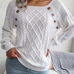 womens square neck button front knitted sweater long sleeve pullover
