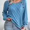 Womens Square Neck Button Front Knitted Sweater Long Sleeve Pullover 3