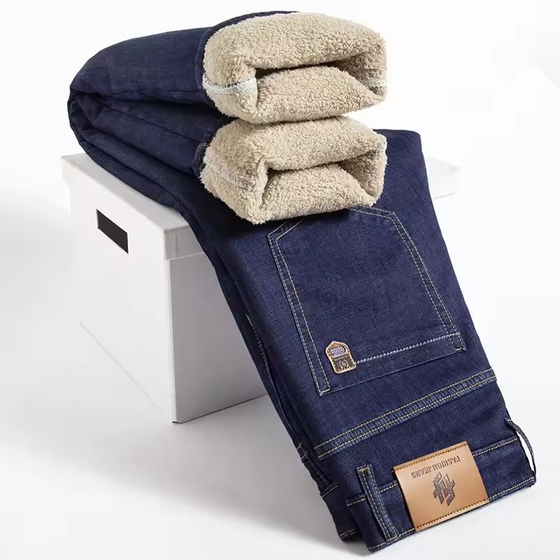 Winter Fleece Lined Denim Pants For Men Warm High Waist Straight Fit 1
