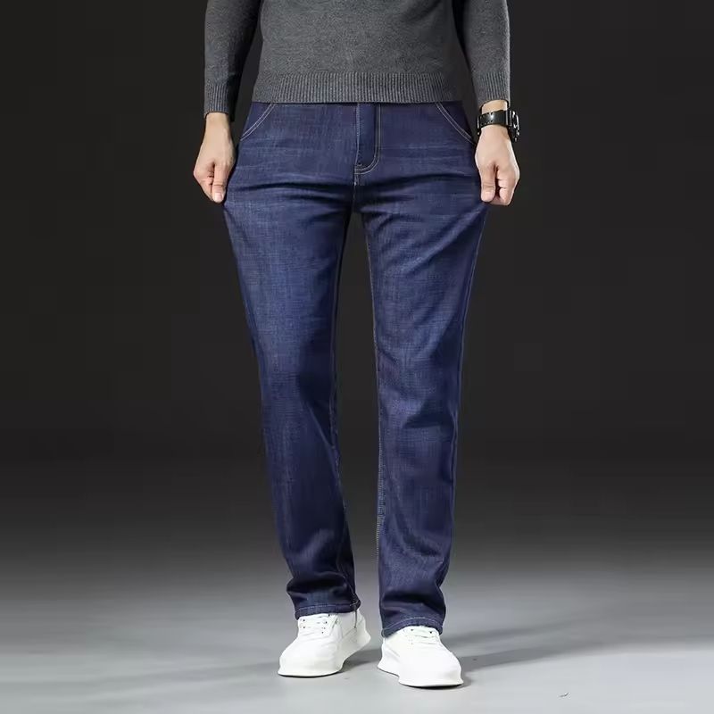 Winter Fleece Lined Denim Pants For Men Warm High Waist Straight Fit 3