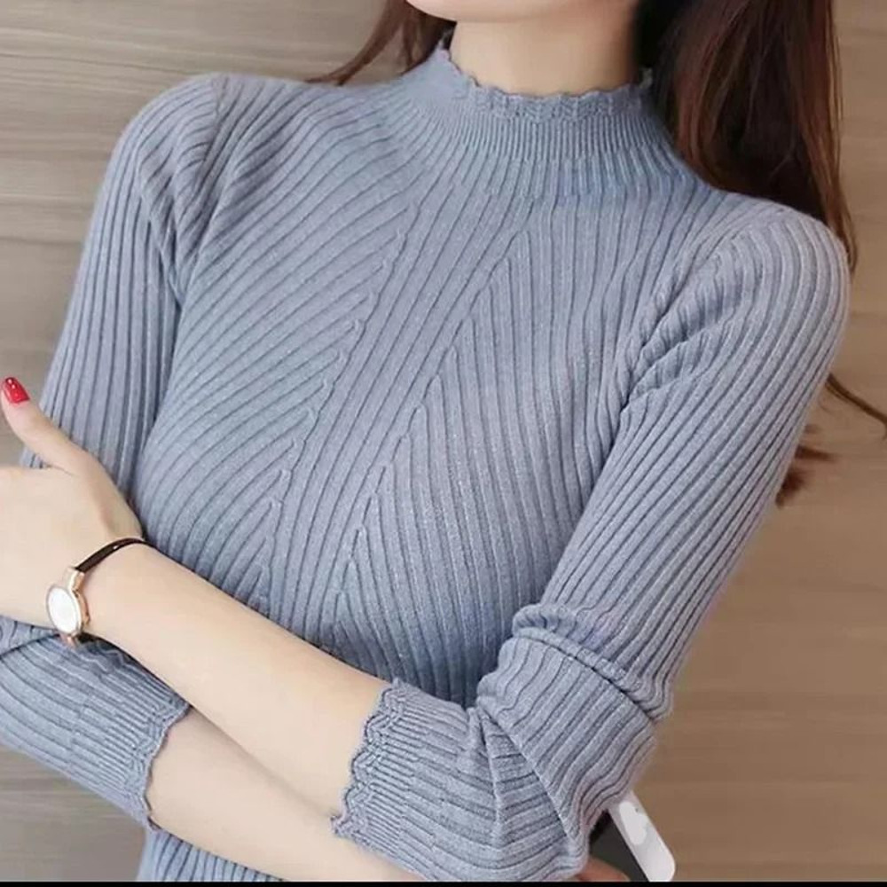 Women Mock Neck Ruffle Sweater Long Sleeve Knit Pullover 8