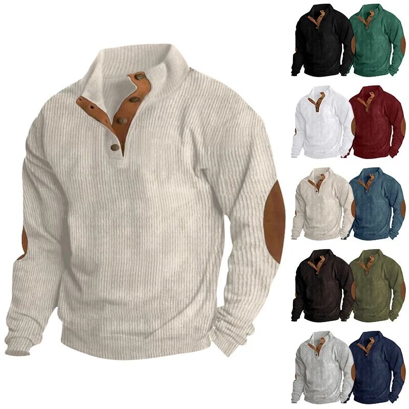 Men Corduroy Patchwork Sweatshirt Long Sleeve Stand Collar Pullover 0