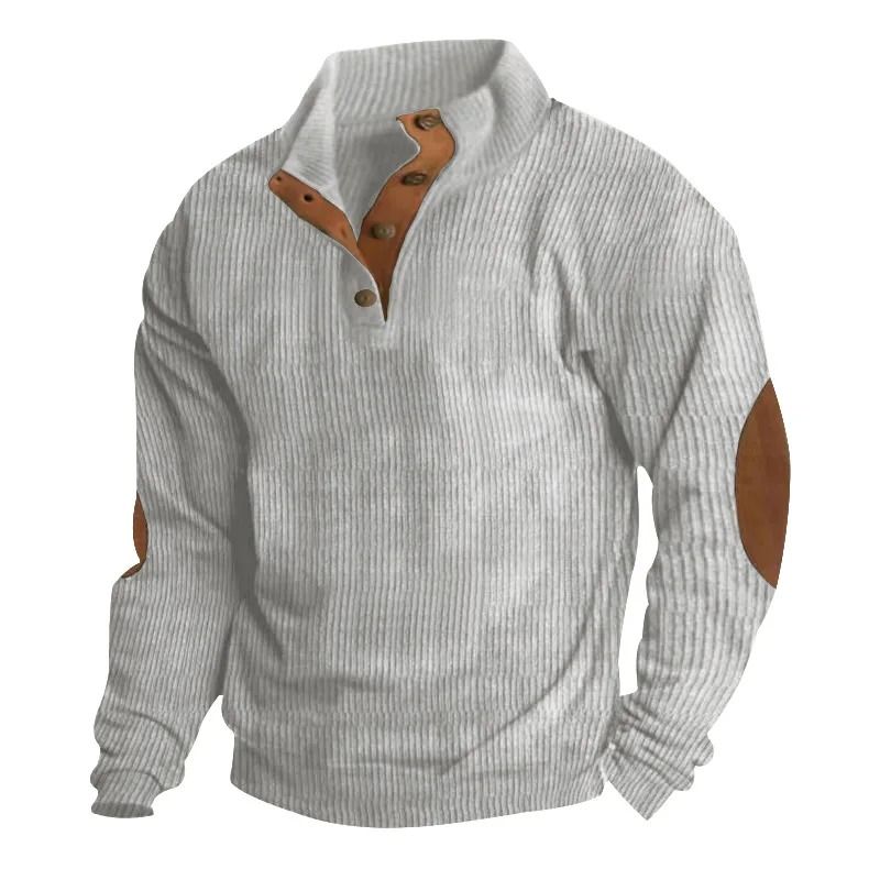 Men Corduroy Patchwork Sweatshirt Long Sleeve Stand Collar Pullover 11