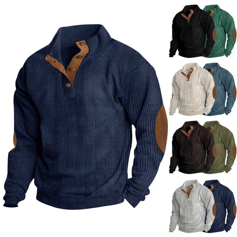Men Corduroy Patchwork Sweatshirt Long Sleeve Stand Collar Pullover 1