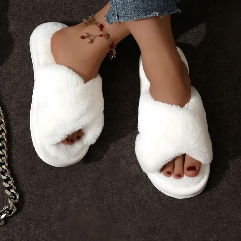 Women Cross Strap Faux Fur Slippers Indoor Plush Slides 0