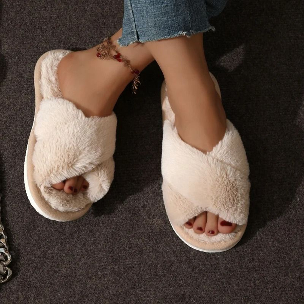 Women Cross Strap Faux Fur Slippers Indoor Plush Slides 3