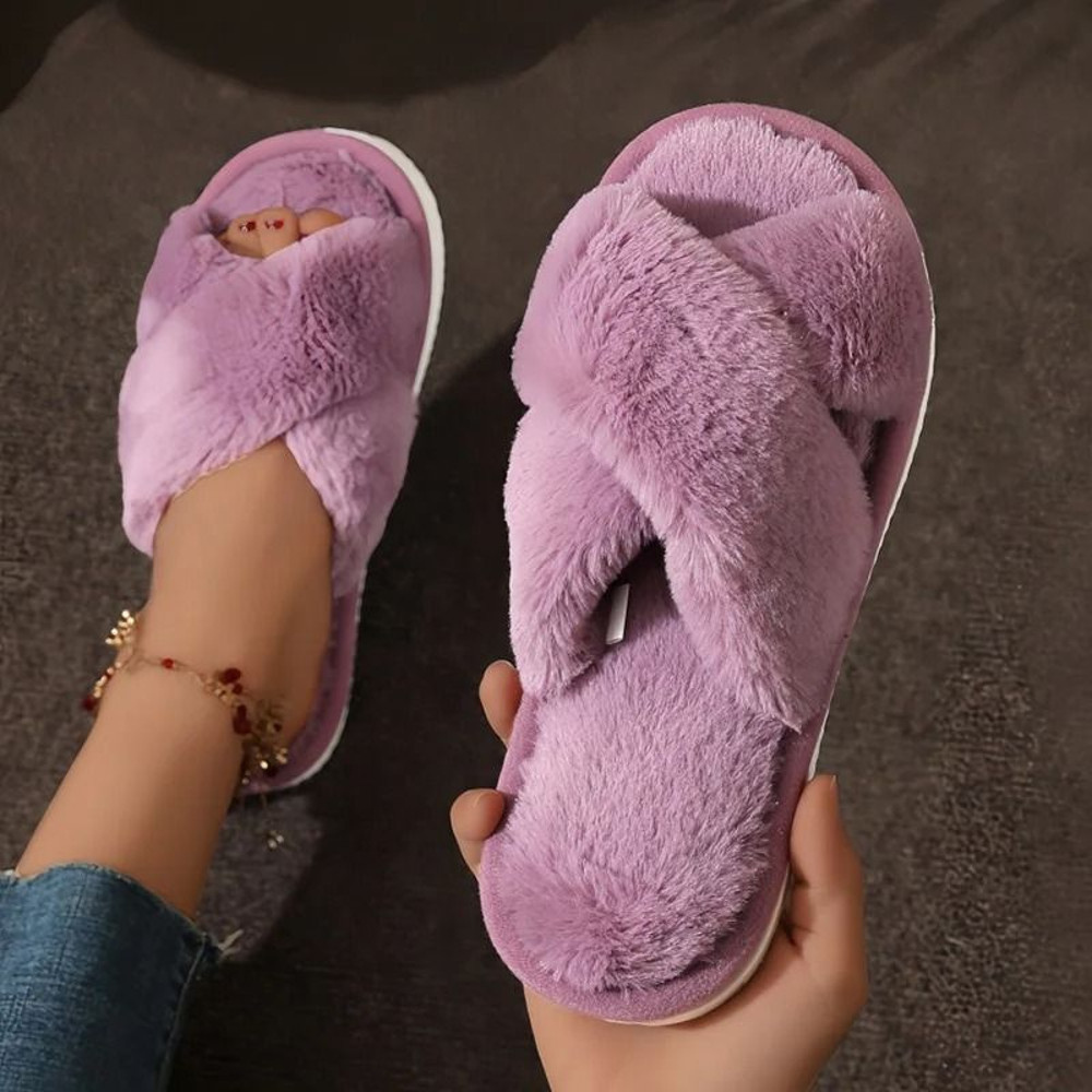 Women Cross Strap Faux Fur Slippers Indoor Plush Slides 11