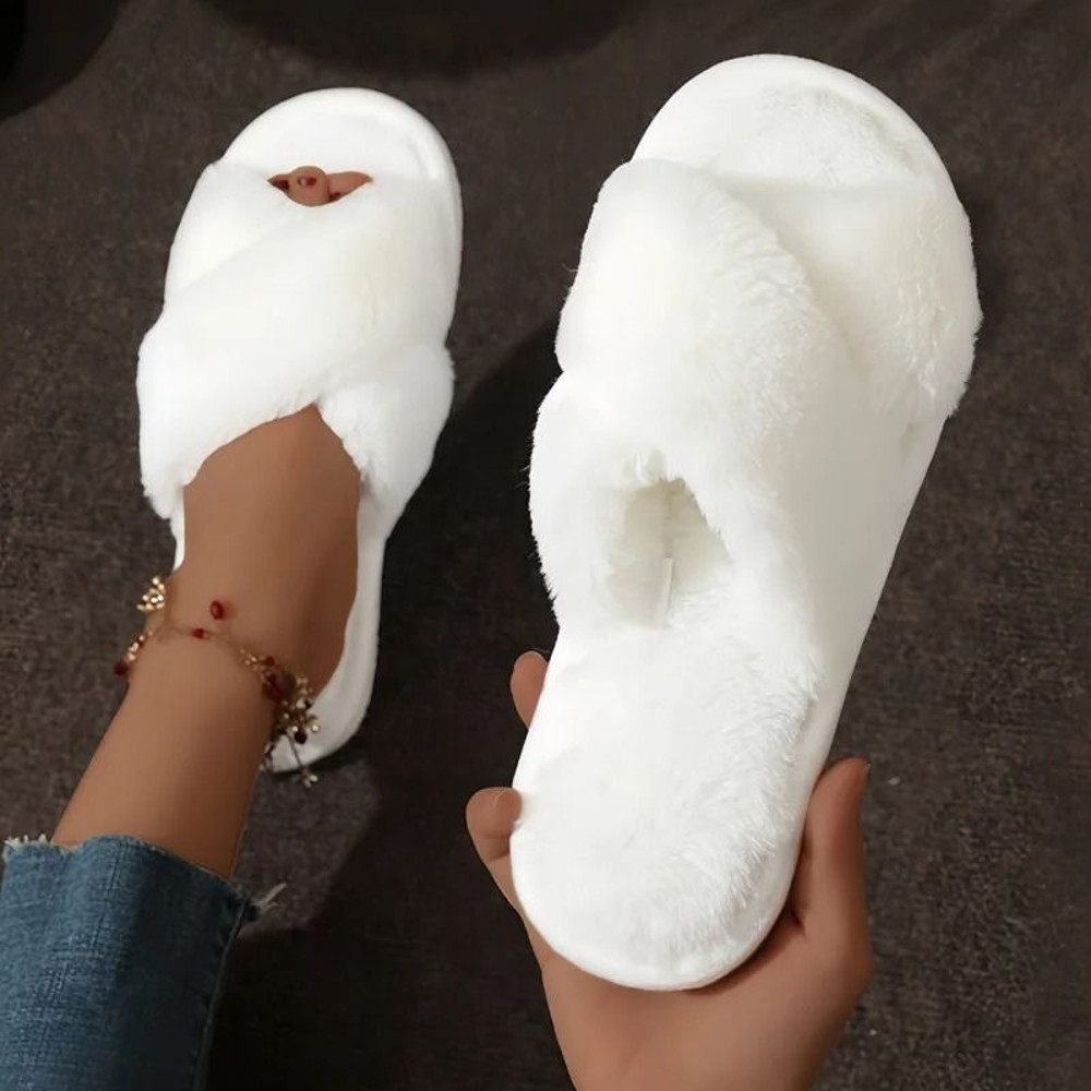 Women Cross Strap Faux Fur Slippers Indoor Plush Slides 12