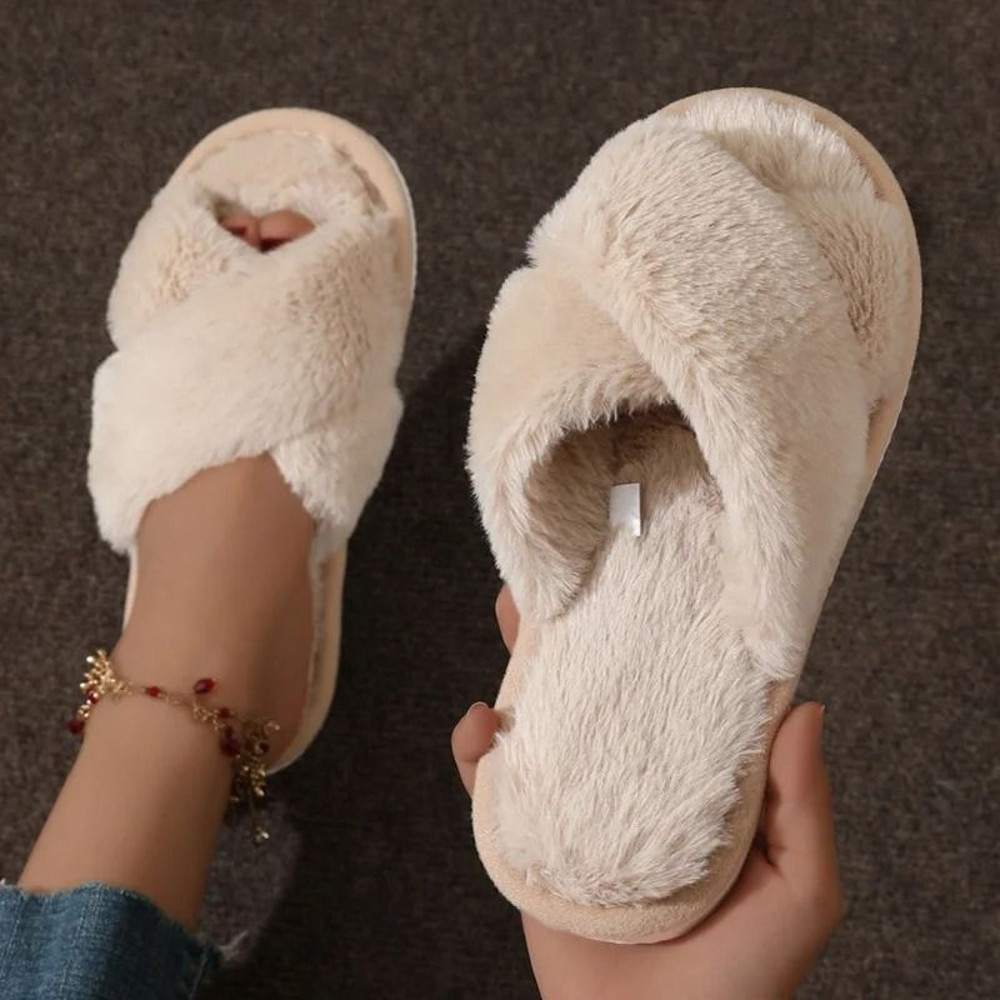 Women Cross Strap Faux Fur Slippers Indoor Plush Slides 14