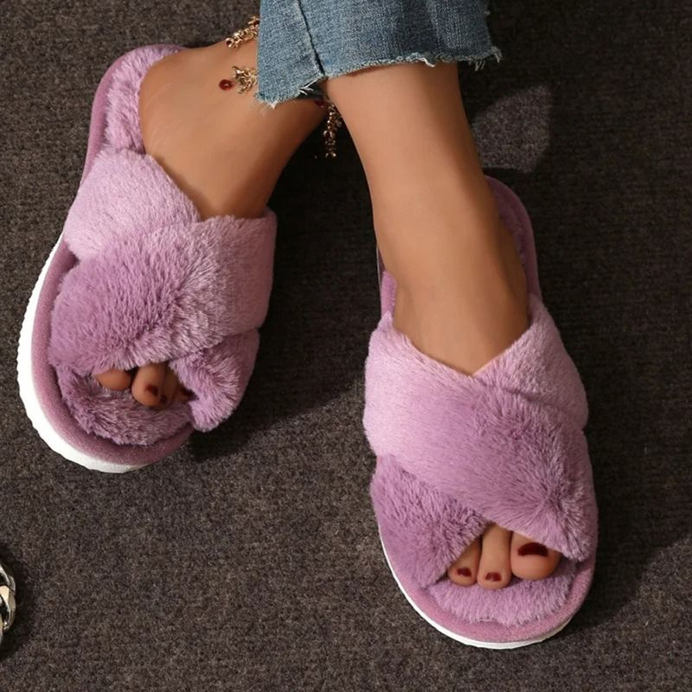 Women Cross Strap Faux Fur Slippers Indoor Plush Slides 6