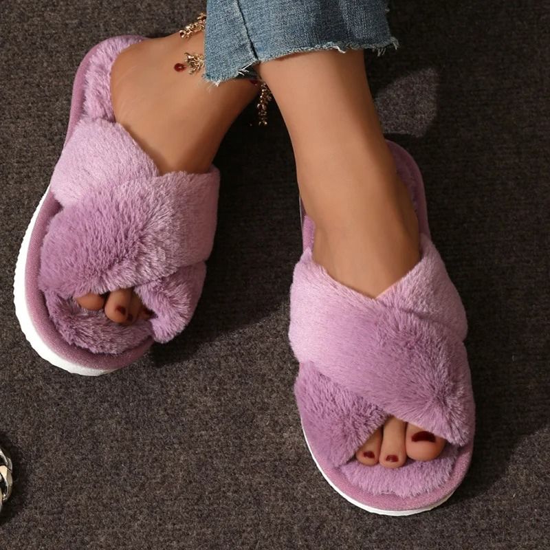 Women Cross Strap Faux Fur Slippers Indoor Plush Slides 6