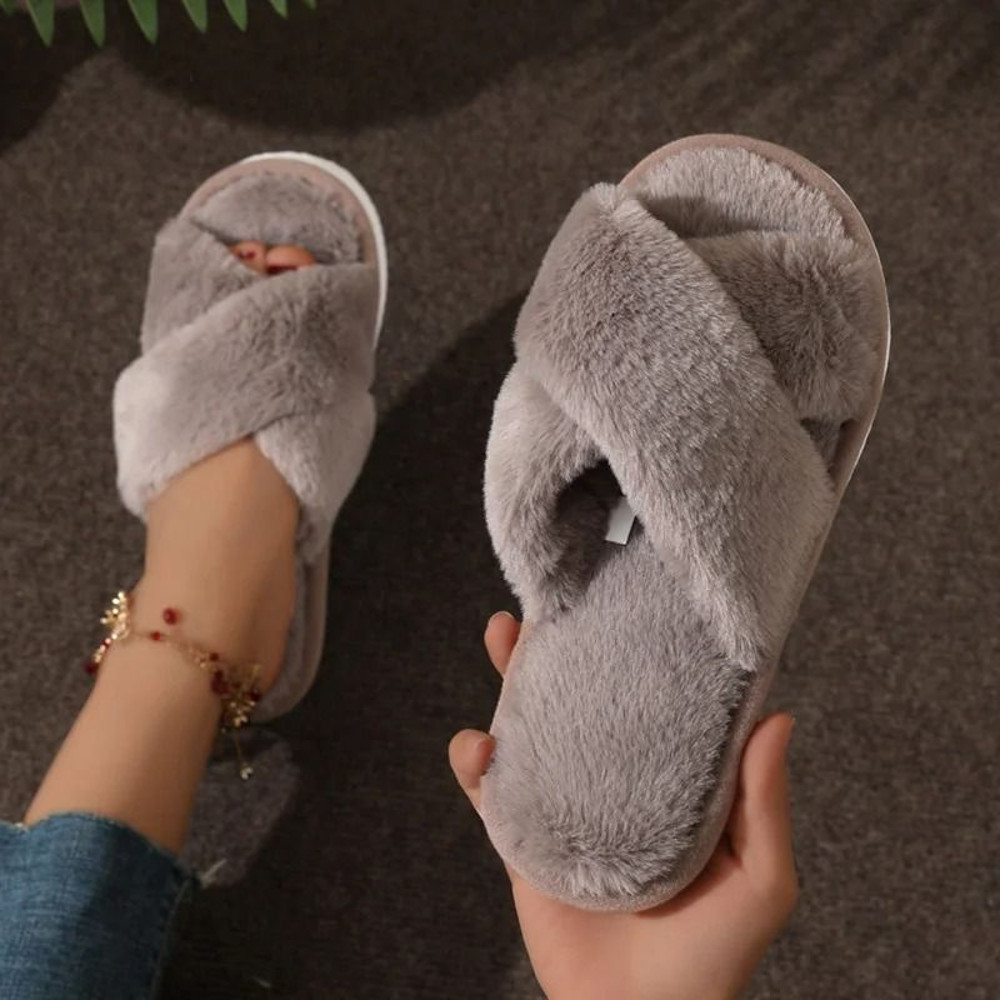 Women Cross Strap Faux Fur Slippers Indoor Plush Slides 7