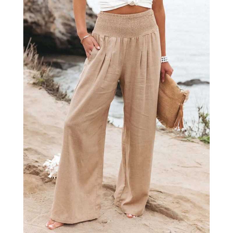 Women Drawstring Wide Leg Casual Pants Mid Waist Beach Trousers 0