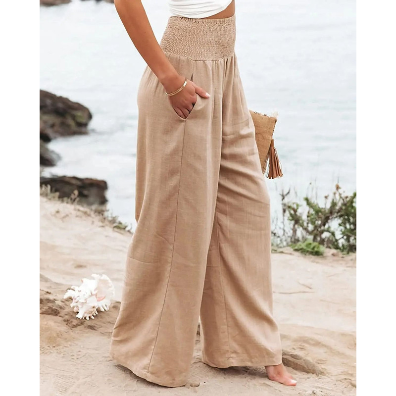 Women Drawstring Wide Leg Casual Pants Mid Waist Beach Trousers 1