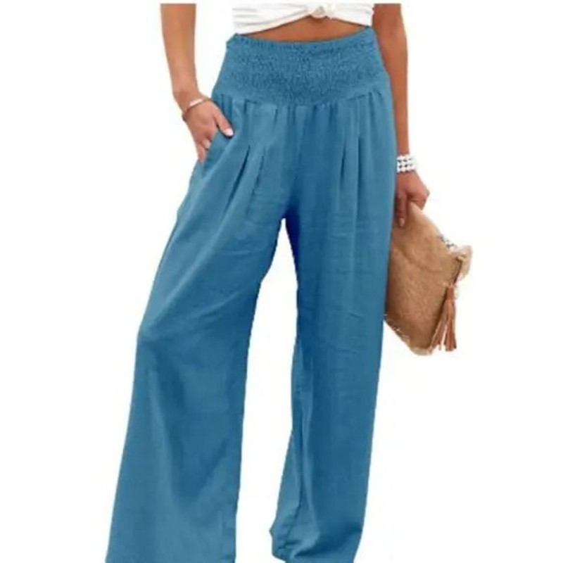 Women Drawstring Wide Leg Casual Pants Mid Waist Beach Trousers 3