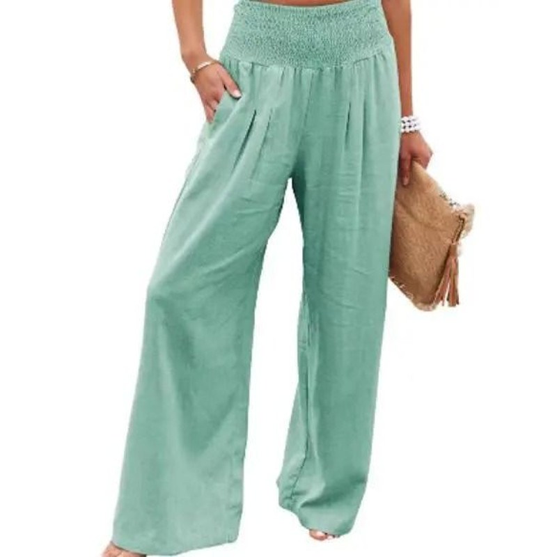 Women Drawstring Wide Leg Casual Pants Mid Waist Beach Trousers 6