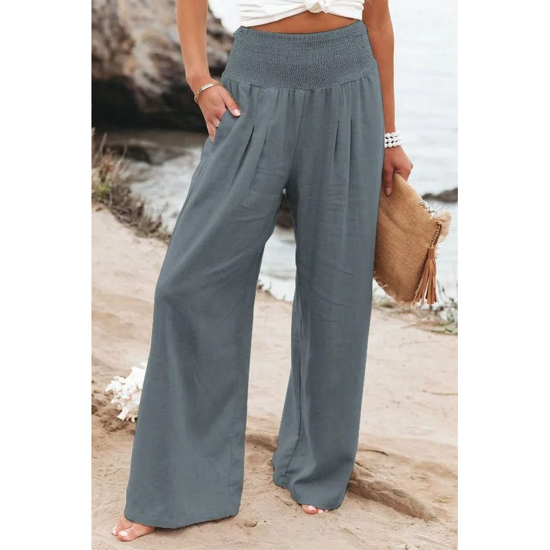 Women Drawstring Wide Leg Casual Pants Mid Waist Beach Trousers 8