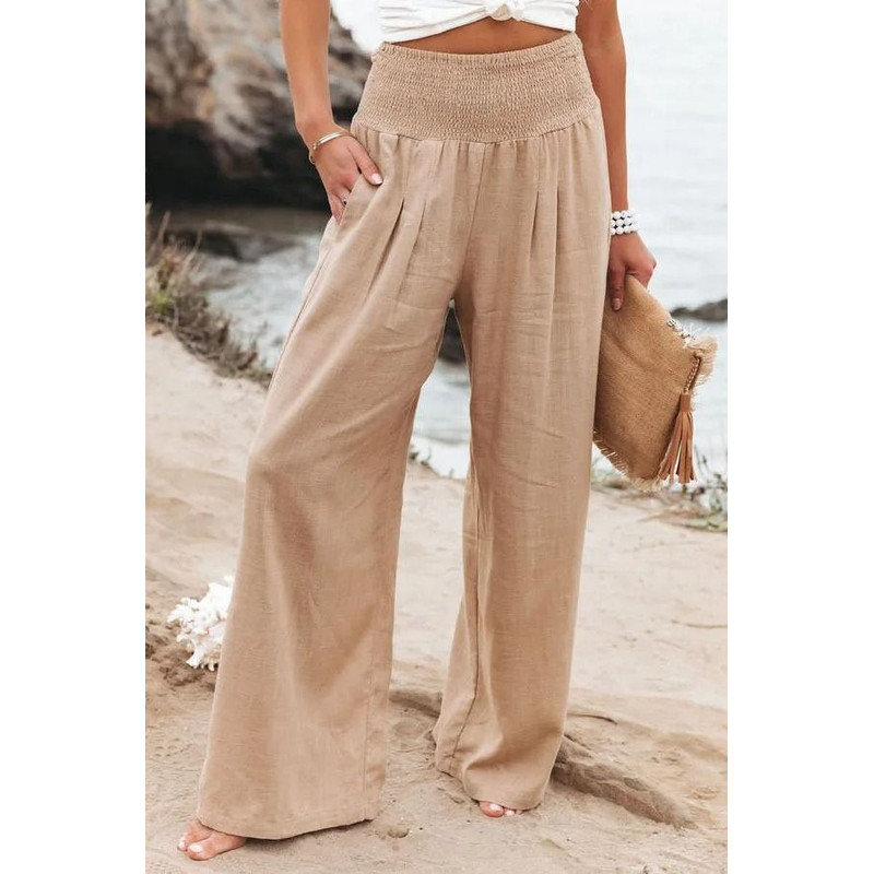 Women Drawstring Wide Leg Casual Pants Mid Waist Beach Trousers 10