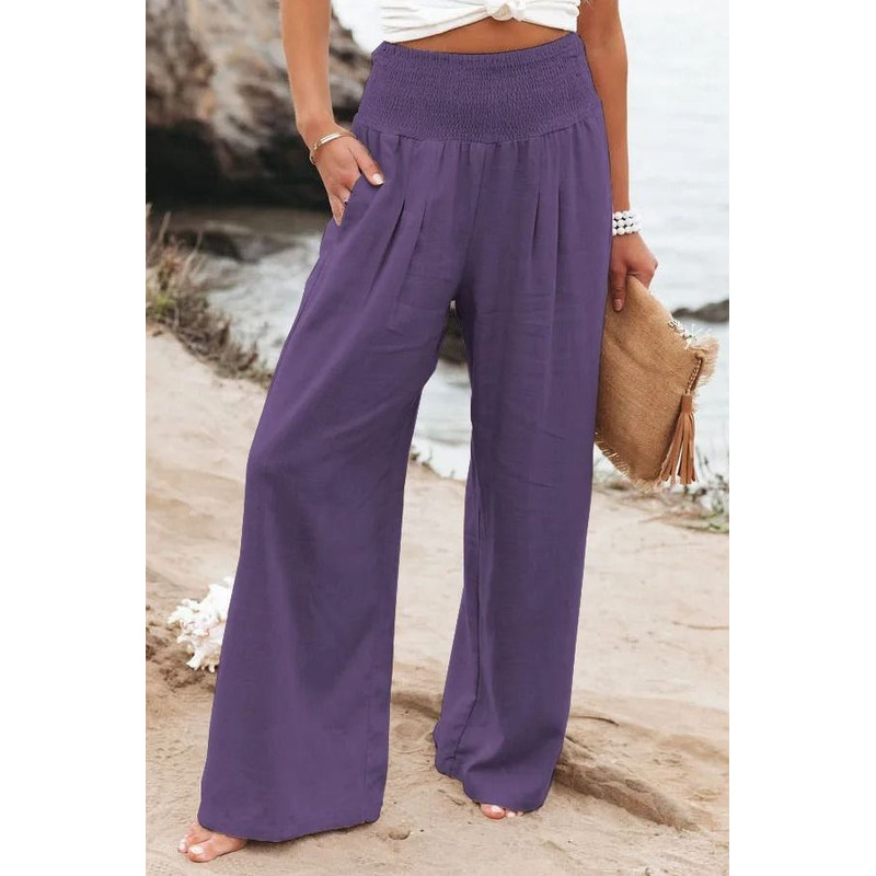 Women Drawstring Wide Leg Casual Pants Mid Waist Beach Trousers 12