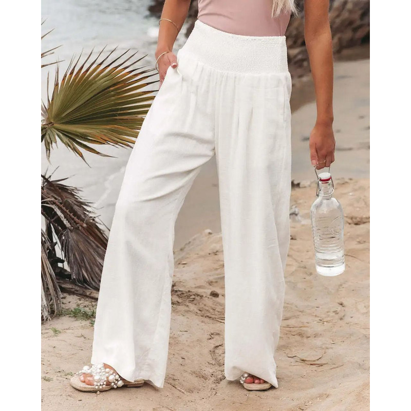 Women Drawstring Wide Leg Casual Pants Mid Waist Beach Trousers 13